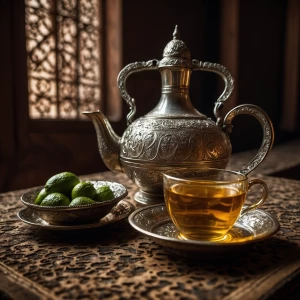 Ein traditioneller marokkanischer Pfefferminztee, serviert in ei...