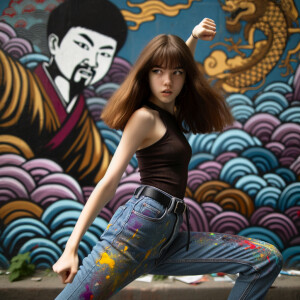 teenage girl, long brown hair and bangs, wearing tight skinny jeans and a halter top paint marks on her clothing, heroic pose Asian graffiti background, nearing on one knee