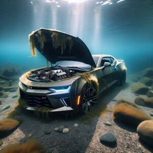 A 2020 Camaro rests on the ocean floor, partially covered in alg...
