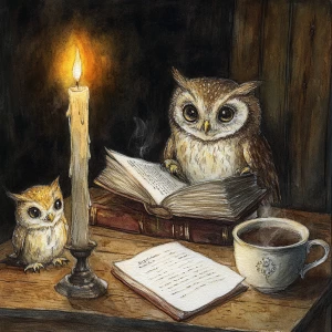 Owl reading a book by the light of a candle with a stack of old antique books next to him on a table. A quil pen is in an ink pot on the table. a cup of coffee is next to him on the table as well as an owlet looking up at him. Watercolor with pencil outlines. Focus on the owls.