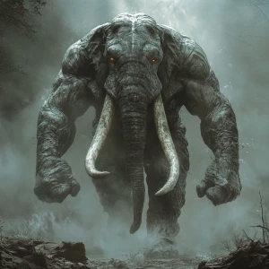 A colossal, gray elephant standing in a mystical, ancient forest...