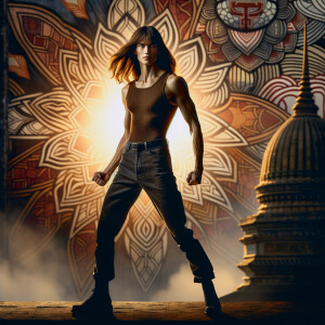 Athletic Thin skinny Attractive, Asian teenage girl, long brown hair and bangs, wearing tight skinny jeans and a halter top paint marks on her clothing, heroic pose Asian graffiti background,  backside view