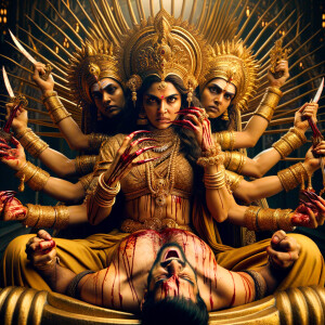 portrait of angry looking, four-armed indian goddess sitting on...