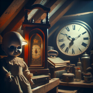 "On the dusty shelf of the forgotten attic, an antique porcelain...