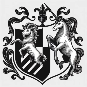 A vector line drawing of a coat of arms with a goat on one side...