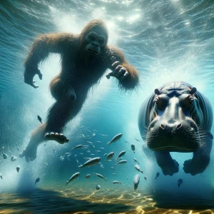 **"A hyper-realistic underwater action scene, Bigfoot being chas...