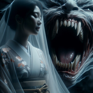 Japanese ghost with a White and beautiful serene face, transluce...