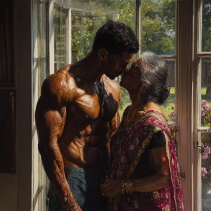 Hyperrealism painting.a muscular sweaty indian man standing in...
