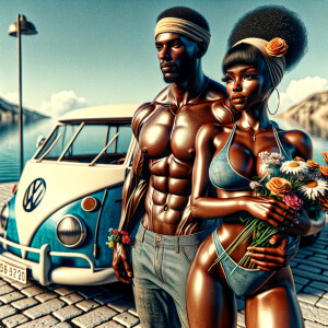 Airbrush image of a couple Holding Flowers African American woman warm honey skin, slimthick,  full lips, long lashes ,African American Fit man brown skin tone, headband, VW Volkswagen, ink wash, contrast colors, blue lake high definition 4K