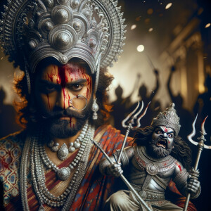 portrait of angry looking, gorgeous goddess durga cosplayer carrying a weak mahishasur in her two arms. She is wearing a huge silver crown, red saree, abundant silver jewelry, covered in blood. The scene is set in ancient India. The image is 8K resolution, cinematic, ultra detailed face and epic.