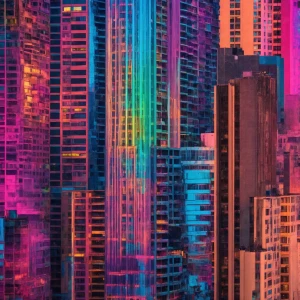 Step into a psychedelic cityscape, where skyscrapers twist and t...