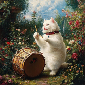 white cat playing a small drumb the size of a cat on the garden