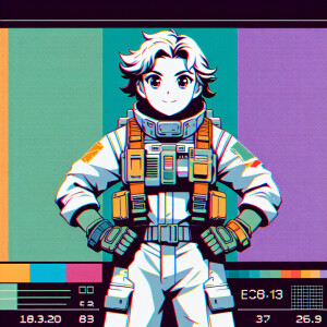 1990s anime screencap, cute girls in a plugsuit, standing with h...