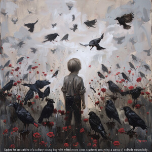 A lonely boy, surrounded by crows and dead roses