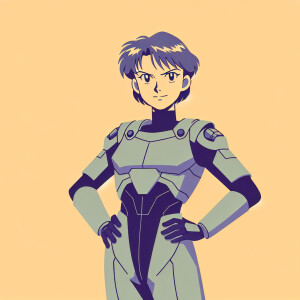 1990s anime screencap, girl a plugsuit, standing with hands on h...