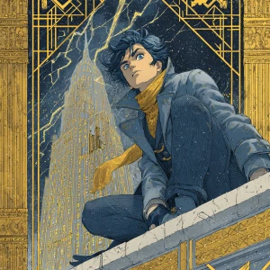 A manga Art Deco fusion of an anime detective on a gilded gargoy...