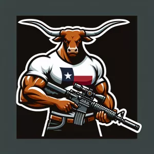 tactical gear, muscular longhorn with white texas flag t-shirt,...