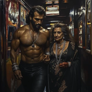 Photorealism,realism,a bodybuilder man ,walking with his 50 year...