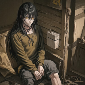 It is twilight, a log house, a guy with long black dirty hair, v...