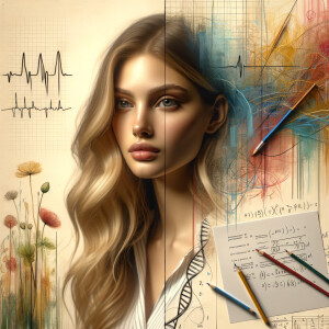 Abstract, minimalist, painting, with pencil line, paint stroke, gestures, colorful marks, mathematical equations, electrical cardiogram, printouts complex math formulas, dna asian teen girl