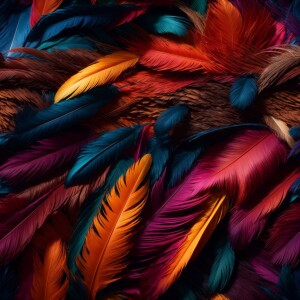 Create a hyper-realistic 3D image of assorted feathers in a full...
