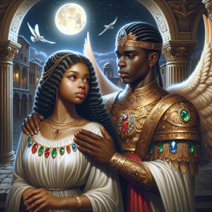Create an oil painting image featuring a male angel and a grievi...