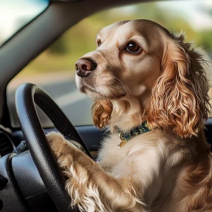 Cream Cocker spaniel behind steering wheel in car driving car. Dog holding onto steering wheel driving down road View of front of car . Dig looking out front window. Hood of . View outside of car