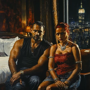 realism style .A sweaty beefy muscular man sitting with his 54 y...