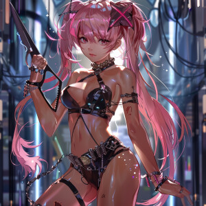 An anime girl with scissors for a weapon with rose colored hair...