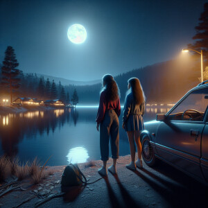 Two girls stand by the car at night and look at the lake