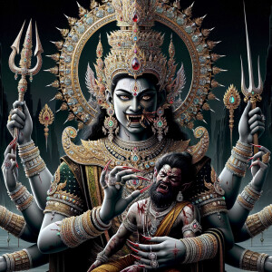 portrait of intense looking, four-armed indian goddess sitting...