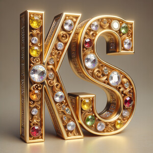 Create a 3-D realistic image with the letters  K.S. in gold raised letters , Add diamonds and colorful jewels