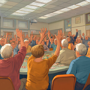 A crowd playing bingo at a senior center with a few hands raised...