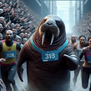 Please create an image of a determined walrus equipped with a numbered racing bib, maintaining 3rd place in a marathon, with a background showing a crowd of spectators expressing surprise and admiration.