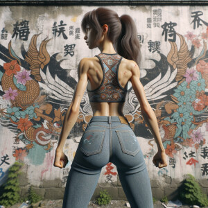 Athletic Thin skinny Attractive, Asian teenage girl, long brown hair and bangs, wearing tight skinny jeans and a halter top paint marks on her clothing, heroic pose Asian graffiti background, backside view