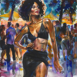 Glossy 4K watercolor oil painting of full body African woman, in...