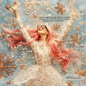 Snowflakes!"Create a wide-angle image of a Caucasian woman with...