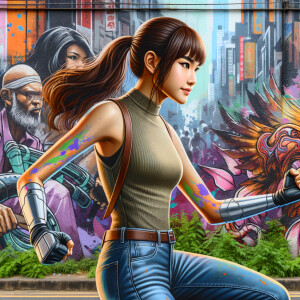 Athletic Thin skinny Attractive, Asian teenage girl, long brown hair and bangs, wearing tight skinny jeans and a halter top paint marks on her clothing, heroic pose Asian graffiti background, side view