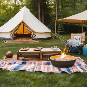 Outdoor boys' glamping birthday sleepover party featuring a 12 p...