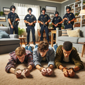4 caucasian male teens handcuffed, laying flat face down on the...