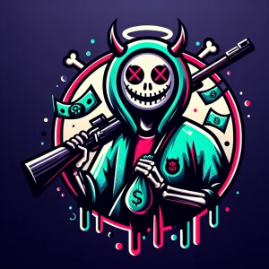 Design a cartoon-style circular logo featuring a cheeky demon we...