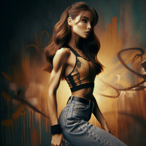 Athletic Thin skinny Attractive, Asian teenage girl, long brown hair and bangs, wearing tight skinny jeans and a halter top paint marks on her clothing, heroic pose Asian graffiti background, side view