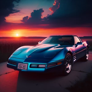 blue 94 corvette C4 in the sunset