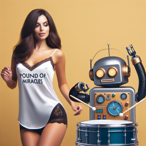Weird robot playing drums to a beautiful 29-year-old brunette wo...