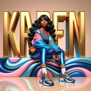 3D writing name "KAREN" bold glossy gold. There is a beautiful African-American latino woman, smiling with long black, wavy hair,, blue and gold trendy jacket and outfits in blue, pink, and gold tones, sport shoes, sitting under the name. Her outfits are glossy. dynamic color explosion background, of pink, blue, gold colors, splashed on white wall