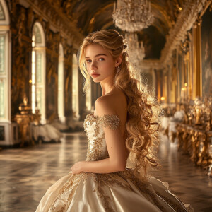A graceful woman with long blonde hair, adorned in an elegant ba...
