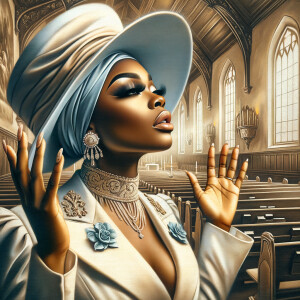 Render an airbrush oil painting of an African American woman with flawless makeup
kneeling at a church altar, her hands raised in a gesture of surrender to God. She's
dressed in stylish Sunday Best attire, with a particular focus on the delicate details of
her Church Hat. The background features a beautifully painted church interior, with the
oil paint texture enhancing the sacred atmosphere. The artwork should capture the
woman's devout expression, the elegance of her attire, and the spiritual ambiance of
the church setting, reflecting a moment of deep faith and devotion.