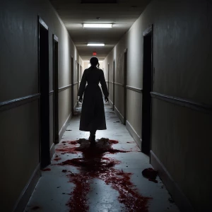 “Desolate asylum hallway, walls pulsing like flesh, a headless n...