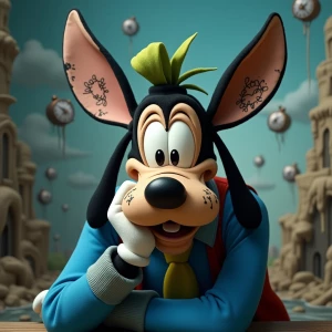 Imagen: A close-up photo of Goofy's face, rendered in a surreali...
