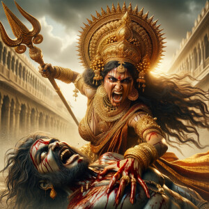 portrait of angry looking, indian goddess lunging at a weak mahi...